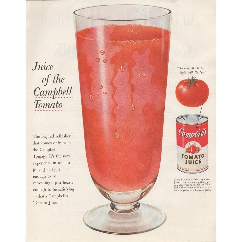 1955‎ Campbells Tomato Juice Vintage Print Ad Retro Kitchen Mid Century Wall Art